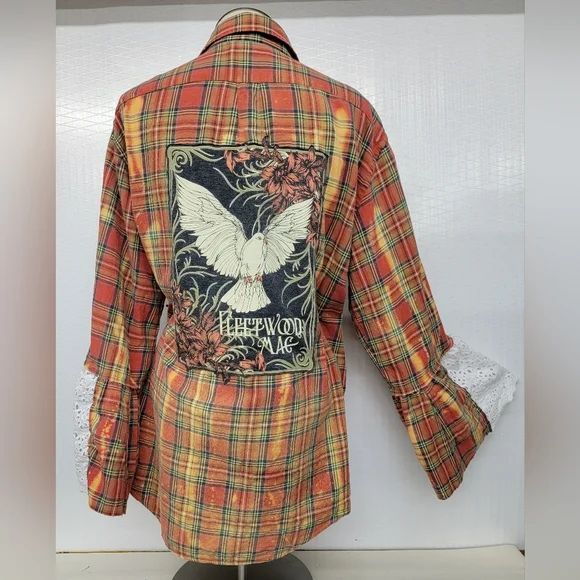 Fleetwood Mac Rock Band Flannel Shirt Jacket Shacket With Bell Sleeves Upcycled - Picture 3 of 11